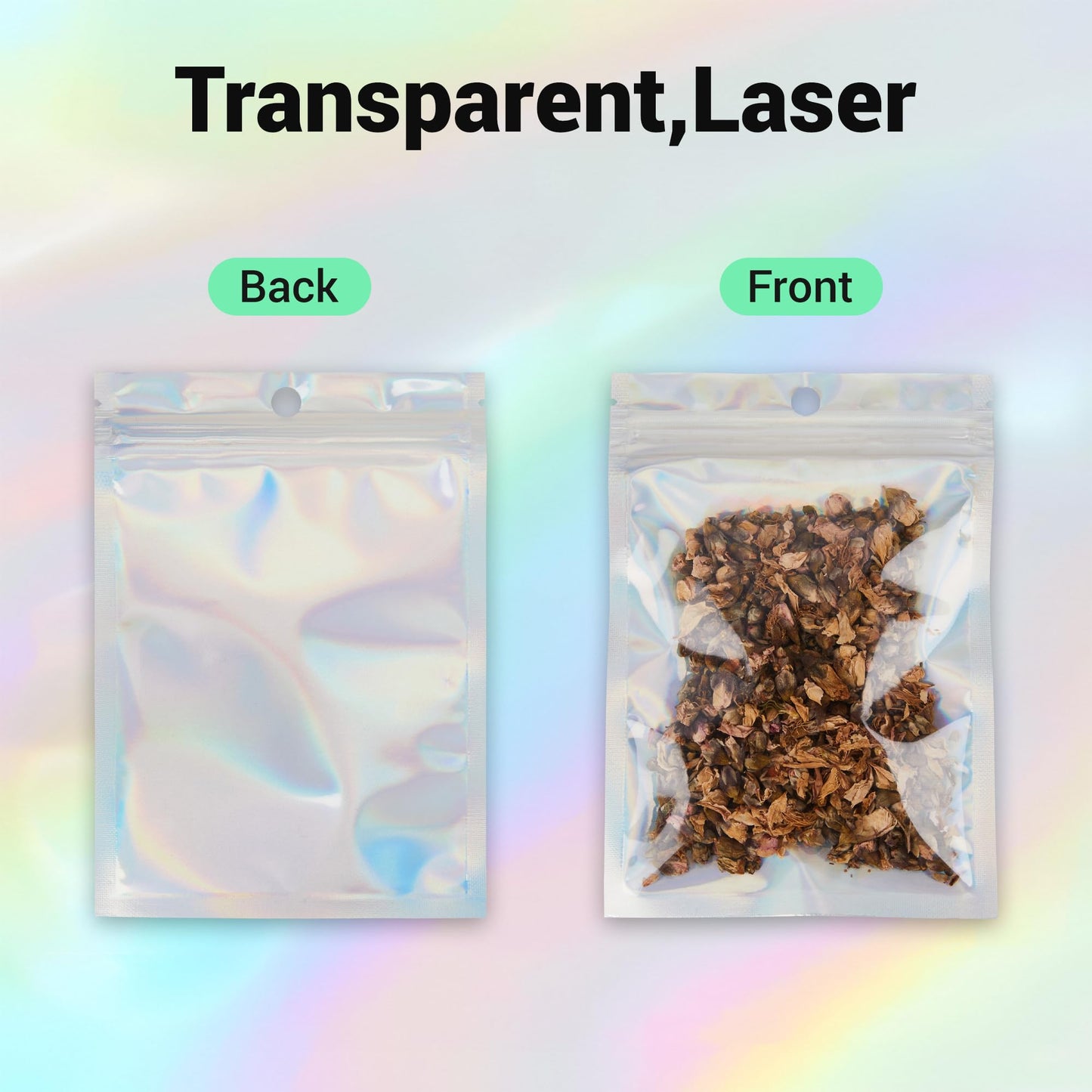 Holographic Mylar bags -100Pcs Self-Seal Resealable Zip Baggies with Clear Window, Smell Proof Laser Iridescent White 3x4.7 inch for Small Business Samples, Party favors,Snacks,Jewelry BST326L