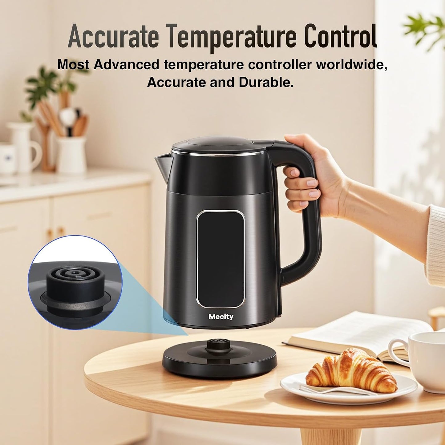 Mecity Electric Kettle 1.7L Touch Screen Temperature Control Water Boiler, No Plastic Contact with Water. 6 Preset Temperature Programs, 2 Hours Keep Warm, Auto Shut Off, Dark Grey DD1210