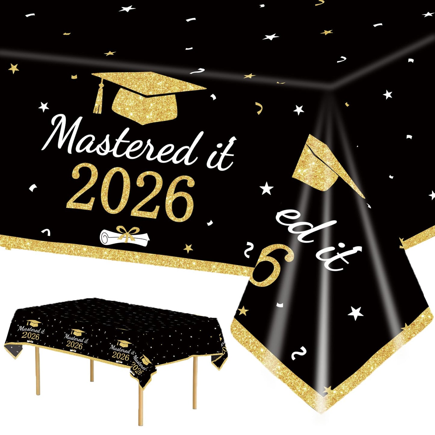 3PCS Mastered It Graduation Tablecloth Black Gold Congrats Grad Table Cover Plastic Master's Graduation Party Supplies for Class of 2026 Master College Disposable Decorations WN420