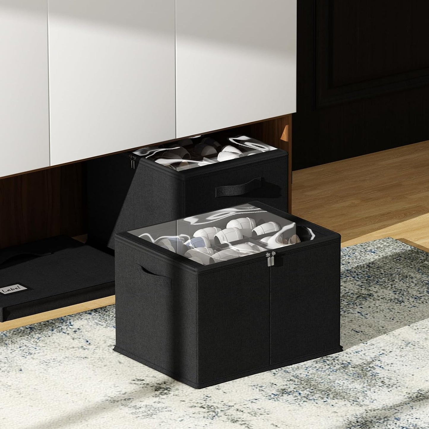 2 Pack Shoe Organizer for Closet - Shoe Storage Bins with Clear Cover, Fabric Shoe Storage Containers with Reinforced Handles, Fits up to 24 Pairs (Black, 16.5 * 12.6 * 12.2in) BST326H