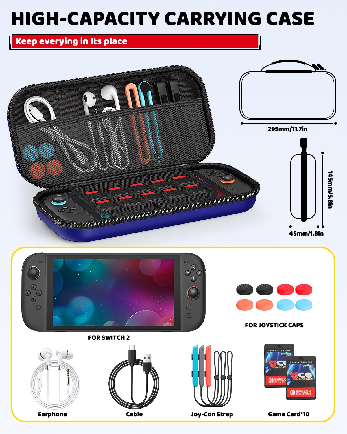 Klipdasse Switch 2 Carry Case for Nintendo Switch 2/1/OLED, Hard Shell with Soft Lining, 10 Game Card Slots, Silicone Handle, for Switch 2 Slim Case 2025 (Blue) WN420