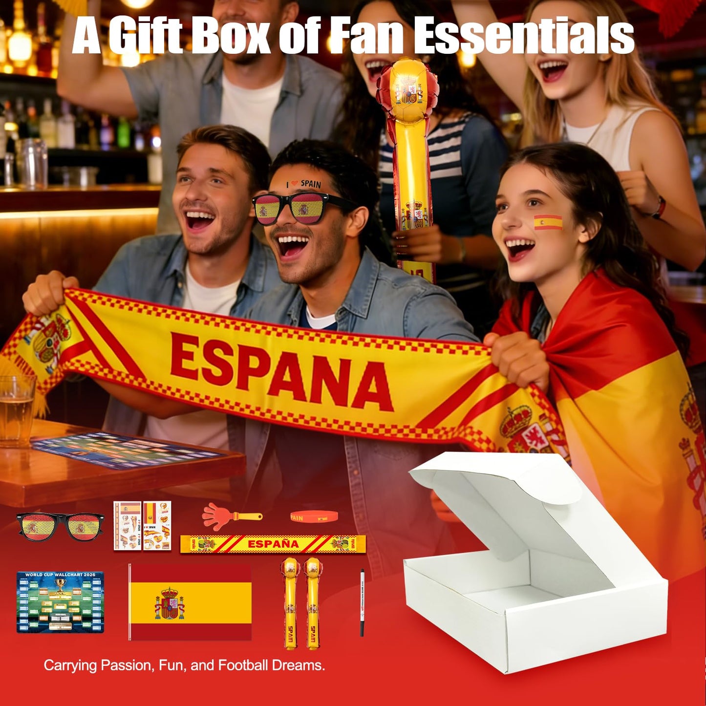 World Cup 2026 Fan Accessories with Large 3x5 ft Flag, Match Tracker Poster, Stickers, Cheering Sticks, Clapper & Scarf, World Cup Decorations Fan kit for Soccer Watch Party, Stadium and Home Cheering BST202