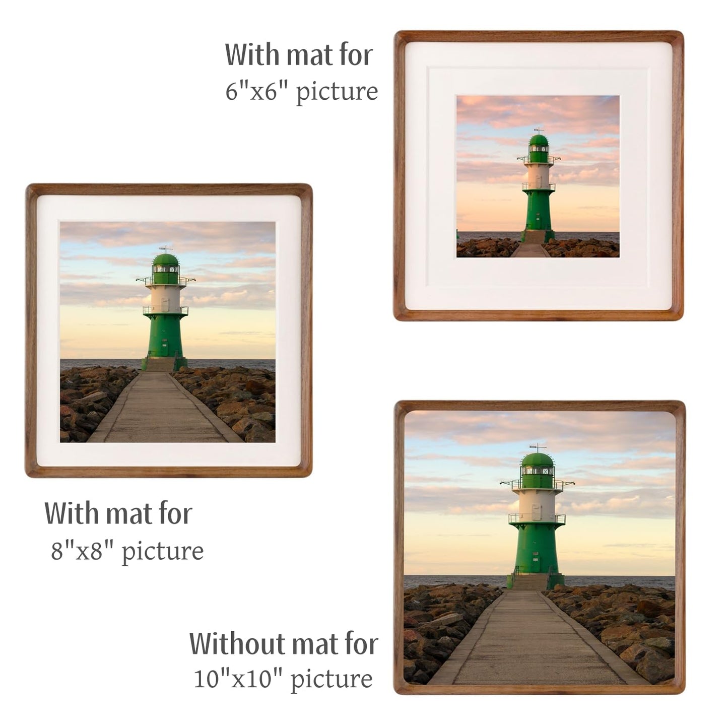 6x6 Solid Teak Wood Picture Frame Matted to 4x4 | Shatterproof Plexiglass, Mortise-Tenon Build, Horizontal & Vertical Tabletop Wall Mounting Square Display Frame BST220