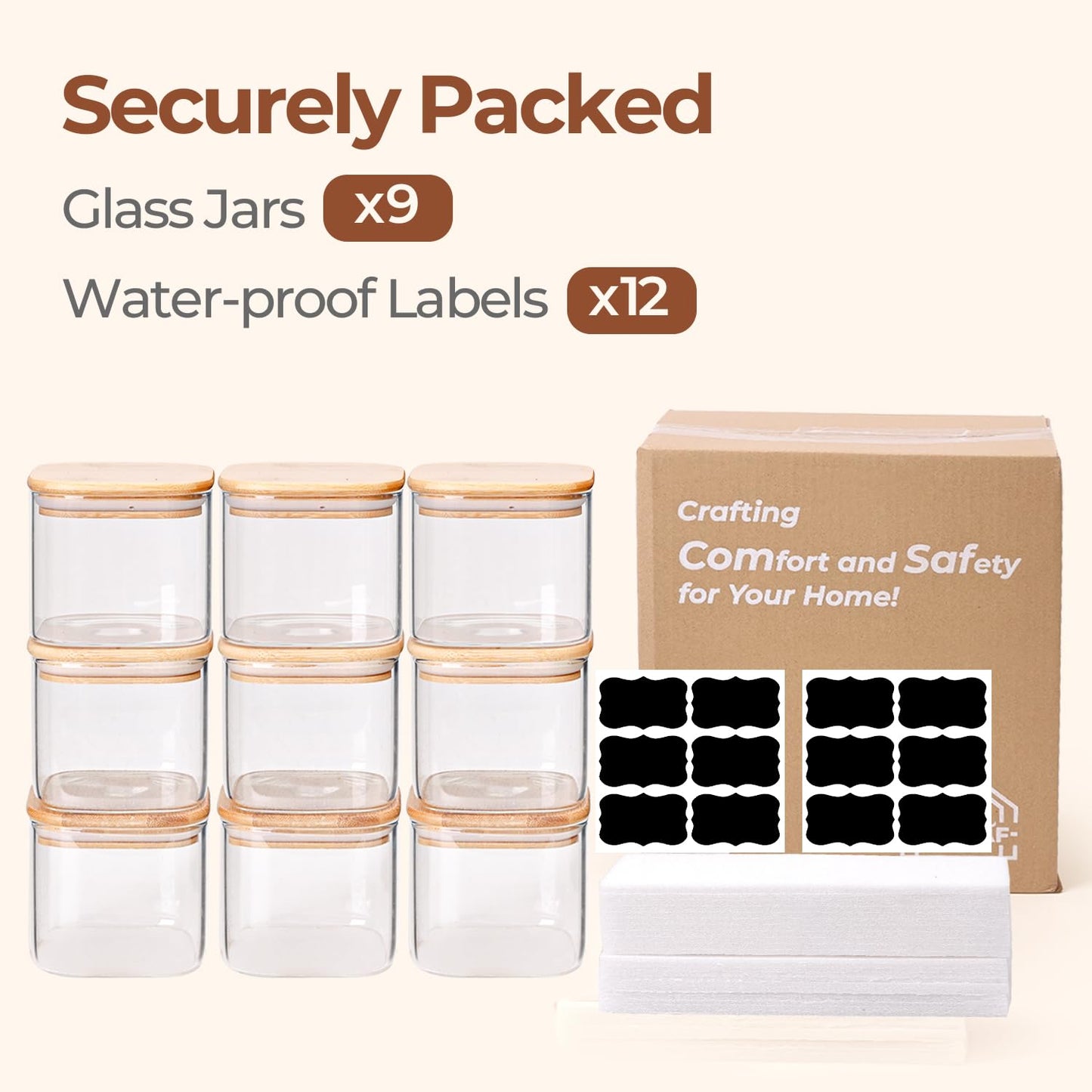 ComSaf 0.6 Qt Glass Food Storage Jars Set of 6, Clear Storage Containers with Airtight Lids, Pantry Organization Jar, Spice Jar, Blooming Tea, Coffee and Sugar Container, Canister Set for Kitchen BST220