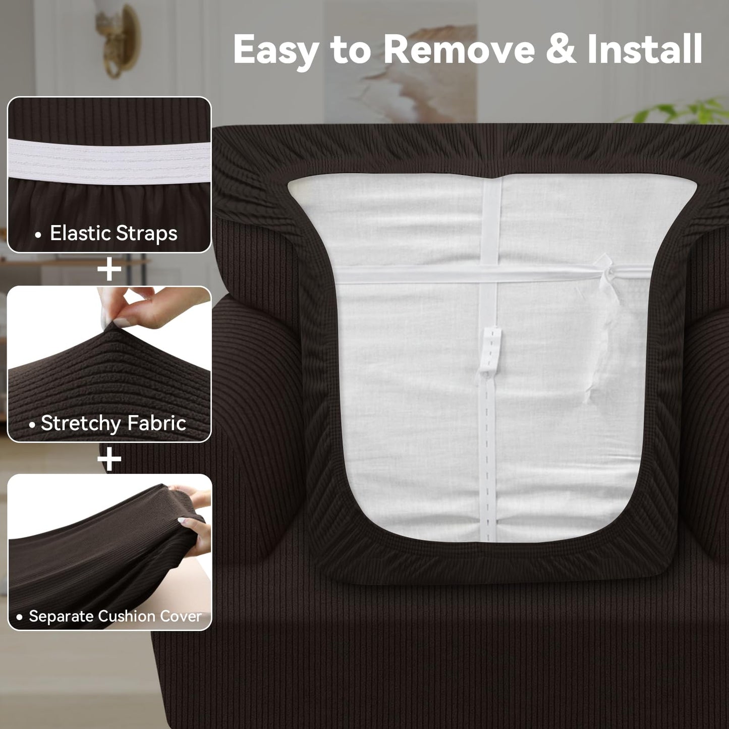 Waterproof Chair Cover with Arms 2-Piece Set Striped Slipcover for 1 Separate T Cushion Couch - TPU Fabric Armchair Covers Leakproof Couch Protector for Kids, Pets(Chair, Beige) BST220