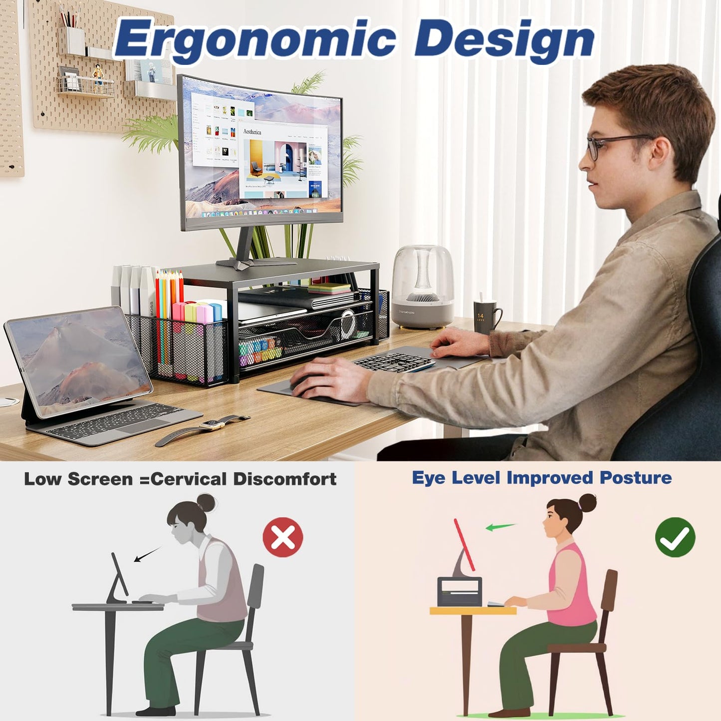 OPNICE Desk Organizers and Accessories, 2-Tier Computer Monitor Stand Riser N29