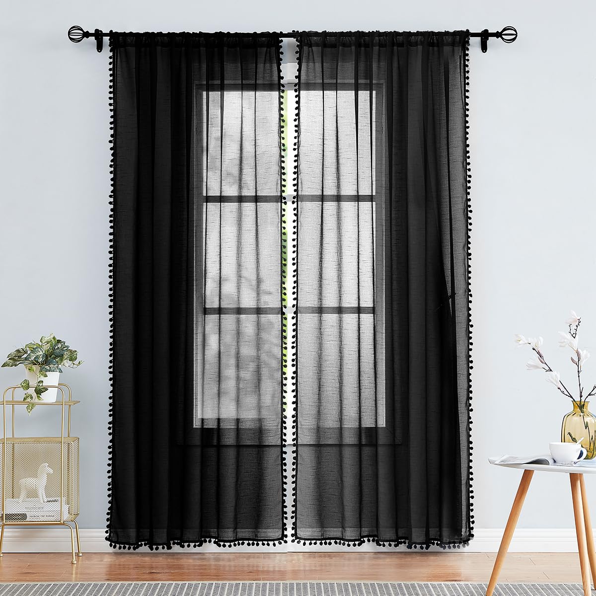 Treatmentex Pom-Pom Grey Sheer Curtains for Bedroom 63" Window Drapes Rod Pocket Textured Sheer Curtain for Kids Room 52" w 2 Panels BST202