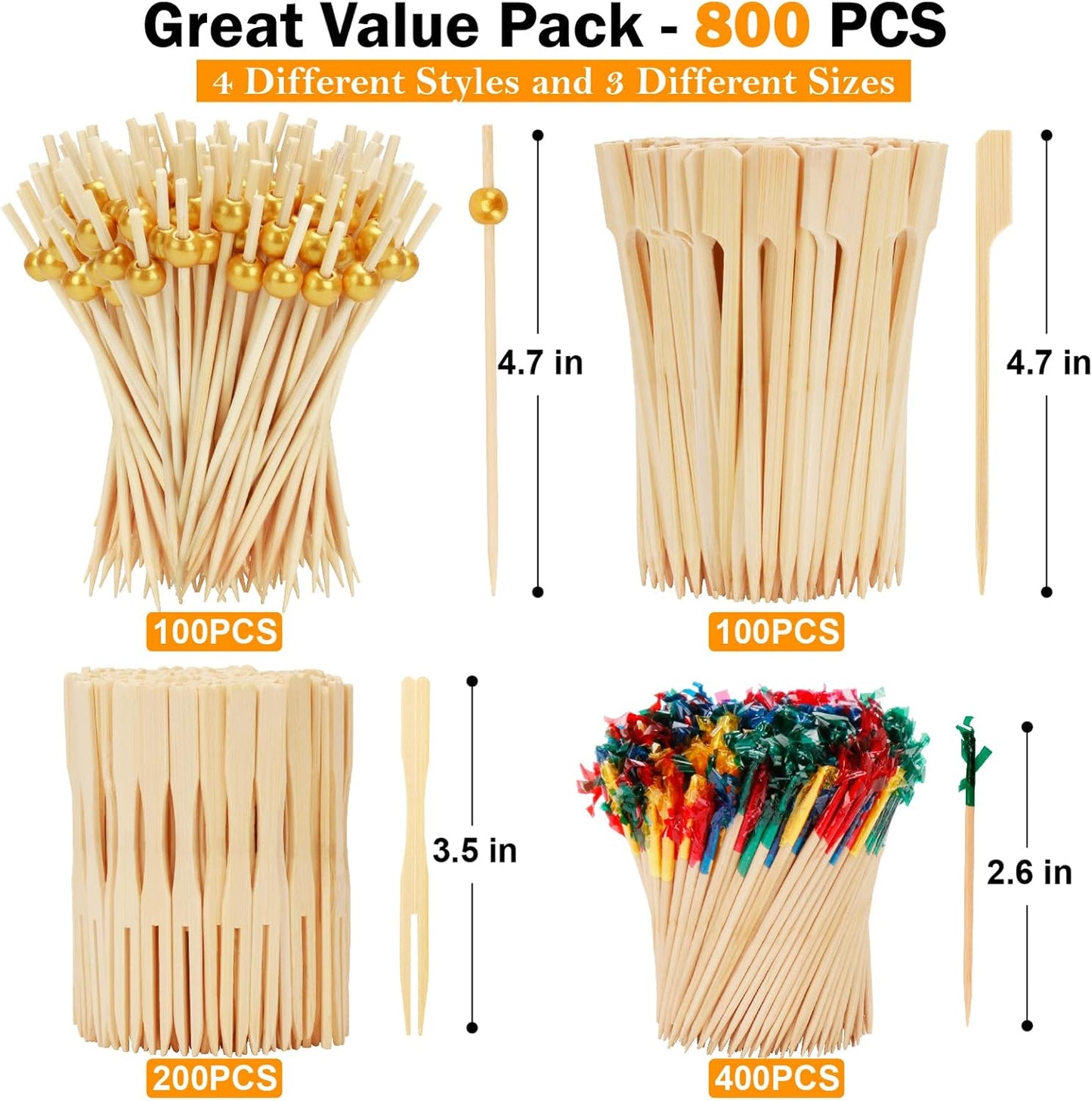 800PCS Cocktail Picks - 4 Styles Fancy Toothpicks for Appetizers Charcuterie Boards Accessories, Decorative Bamboo Skewers Wooden Long Cocktail Sticks for Drinks Food Fruit Sandwich Party Supplies BST202