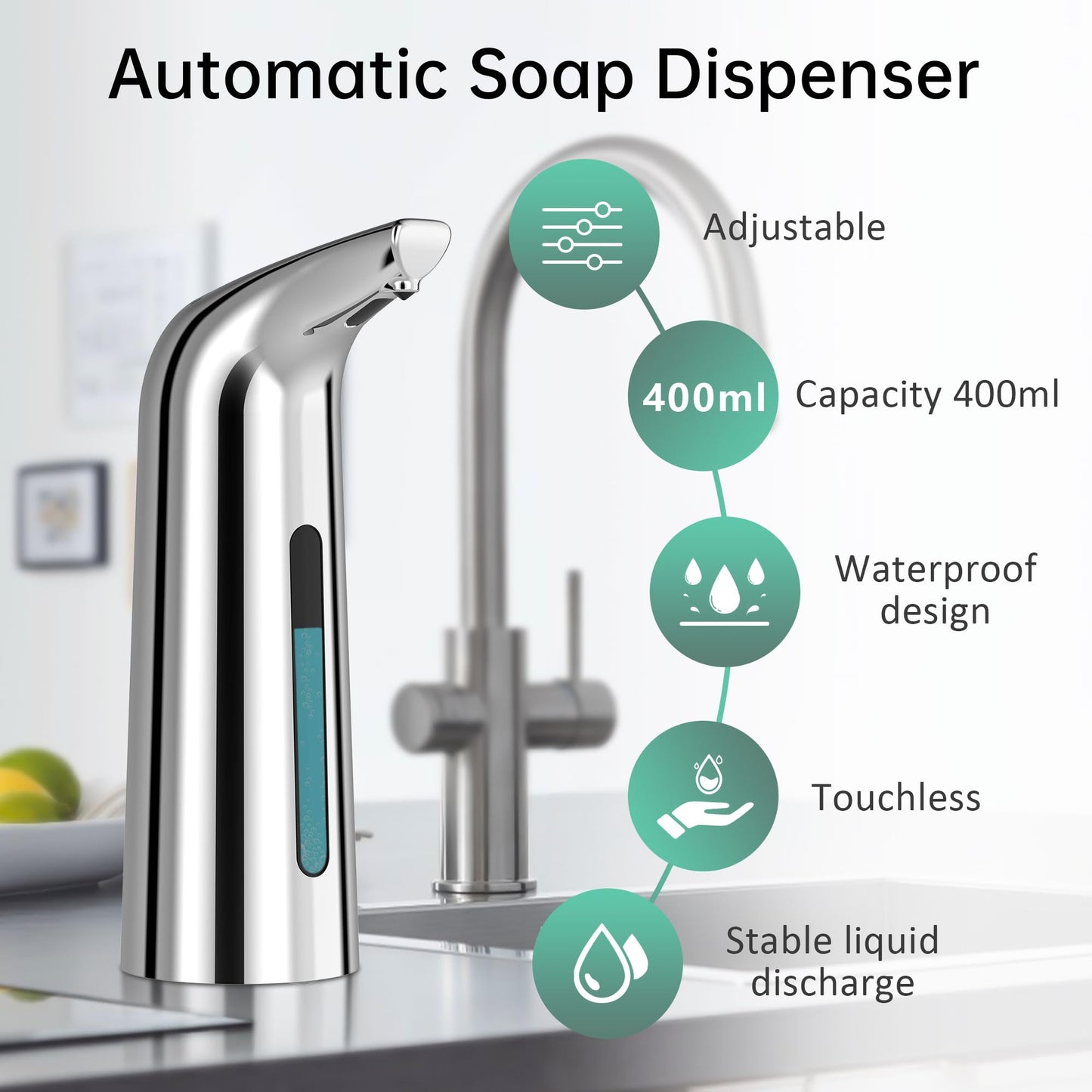 Automatic Soap Dispenser Touchless,400ML Hand & Dish Countertop Electric Liquid Dispenser with Sensor,Modern 4 Gear Adjustable Black Waterproof Battery Operated Kitchen Auto Soap Pump WN420