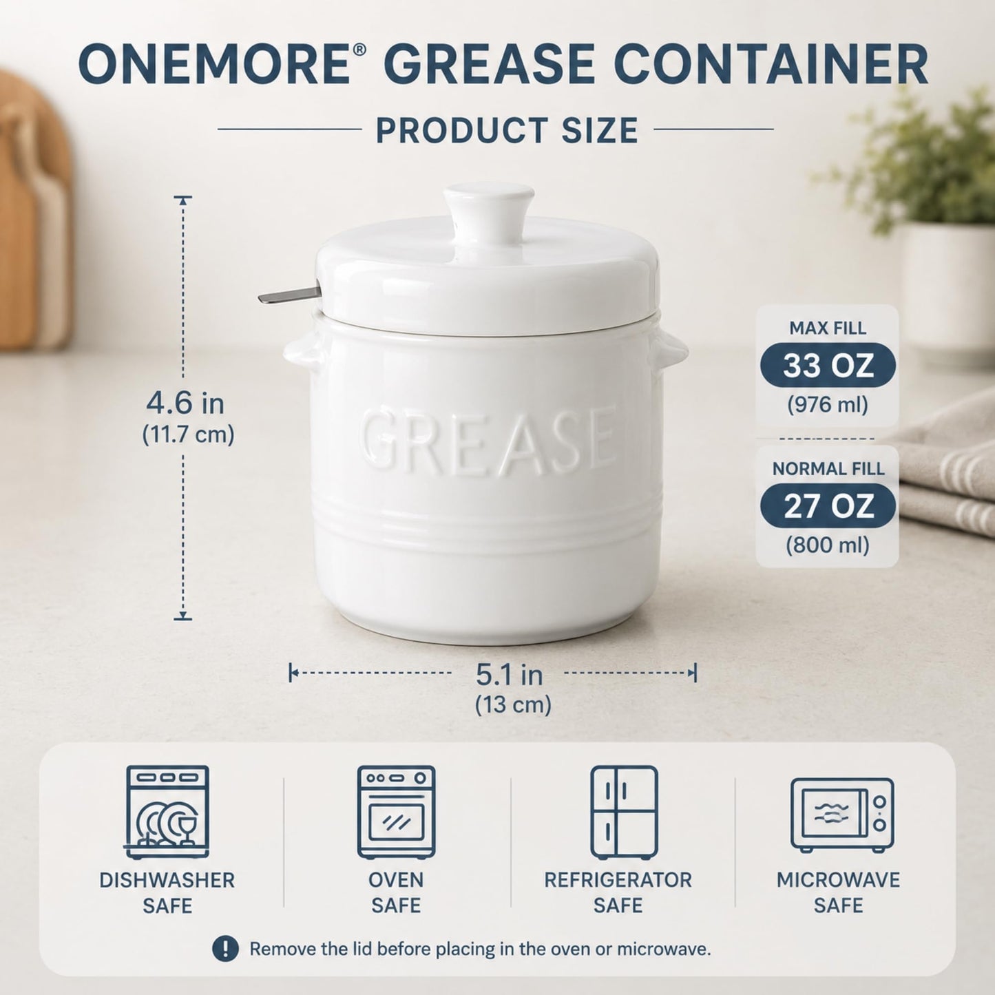 ONEMORE Ceramic Bacon Grease Container with Strainer N25