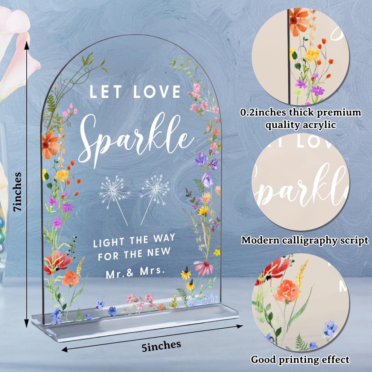 Acrylic Wedding Signs, Pick A Card Signs for Marriage Reception, Bridal Shower Decorations, Modern Arched Round Top Acrylic Table Top Sign with Holder for Wedding Party Dinner (Clear Wildflowers) BST326L