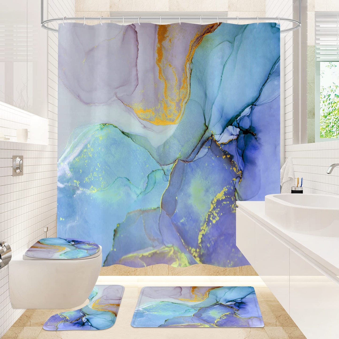 Gibelle 4 Pcs Bathroom Shower Curtain Set with Non-Slip Rugs, Toilet Lid Cover and Bath Mat, Grey Blue Marble Bathroom Decor Set with Shower Curtain and Rugs and Accessories BST326H