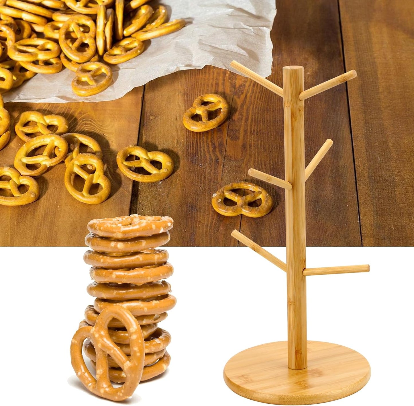 Pretzel Holder Stand, Bamboo Pretzel Rod Holder, Bamboo Tree-Shaped Pretzel Stand For Pretzel Display and Hanging Sausage Stand, Pretzel Holder for Christmas Wedding Birthday Treat Party (1PC) BST326L