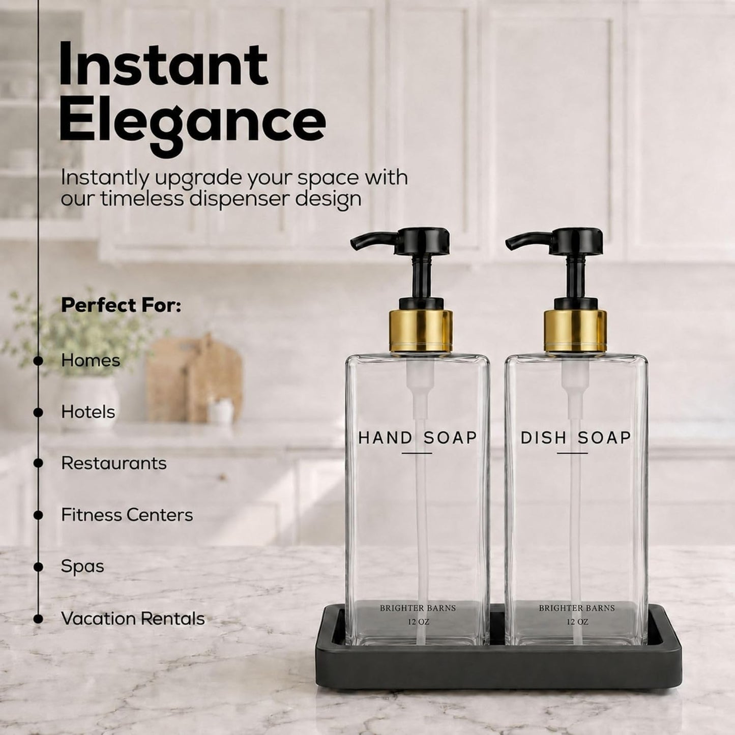 Glass Hand and Dish Soap Dispenser Set by Brighter Barns - Kitchen Soap Dispenser Set with Tray & Pump - Refillable Glass Bottles for Sink - Neutral Kitchen Accessories for Airbnb, Restaurants (Clear) BST326H