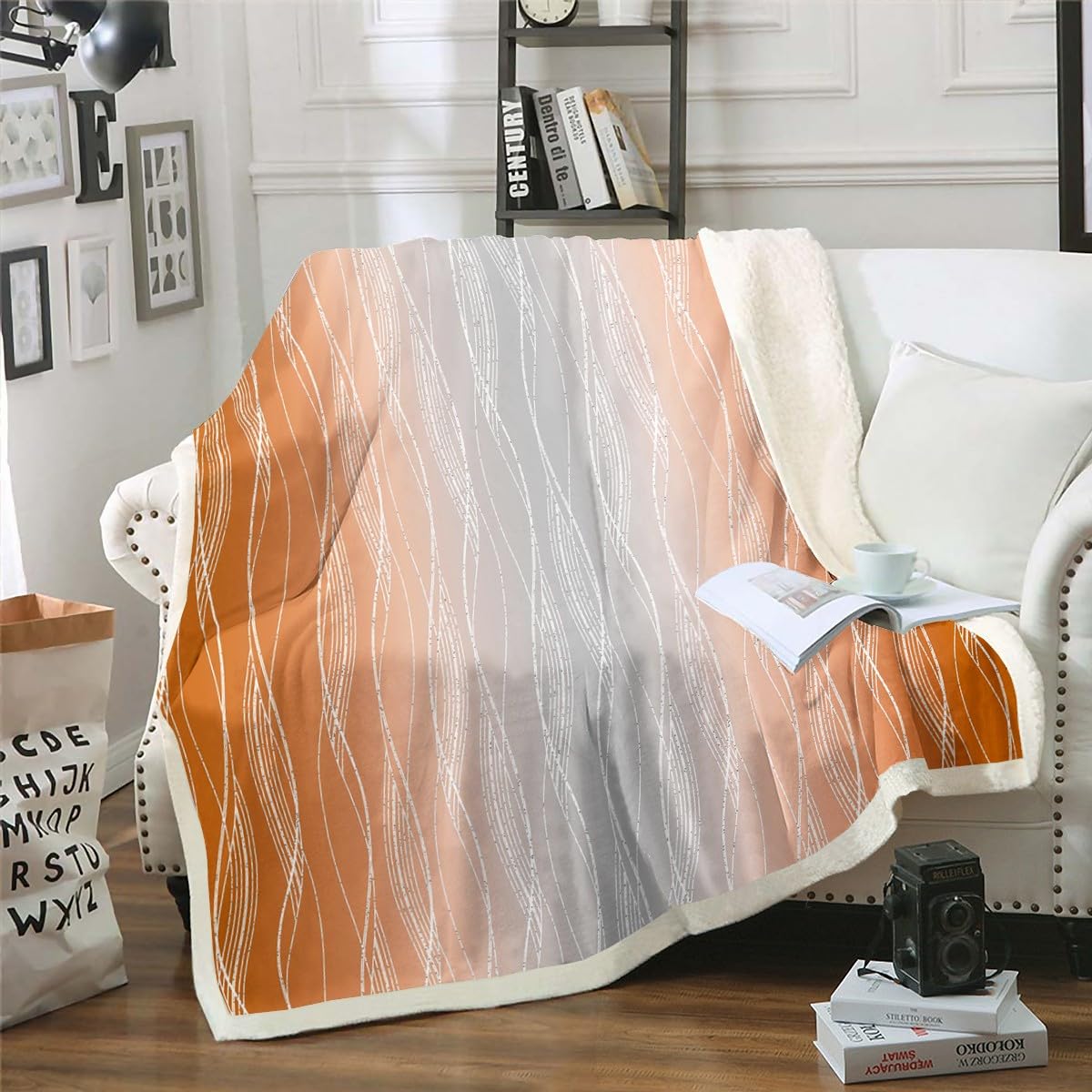 Erosebridal Boys Blue Red Throw Blanket 40"X50" Abstract Ombre Kids Fleece Bed Blanket Geometric Striped Sherpa Blanket Silver White Wavy Line Warm Fuzzy Blanket Soft Lightweight Bedroom Decor BST326H