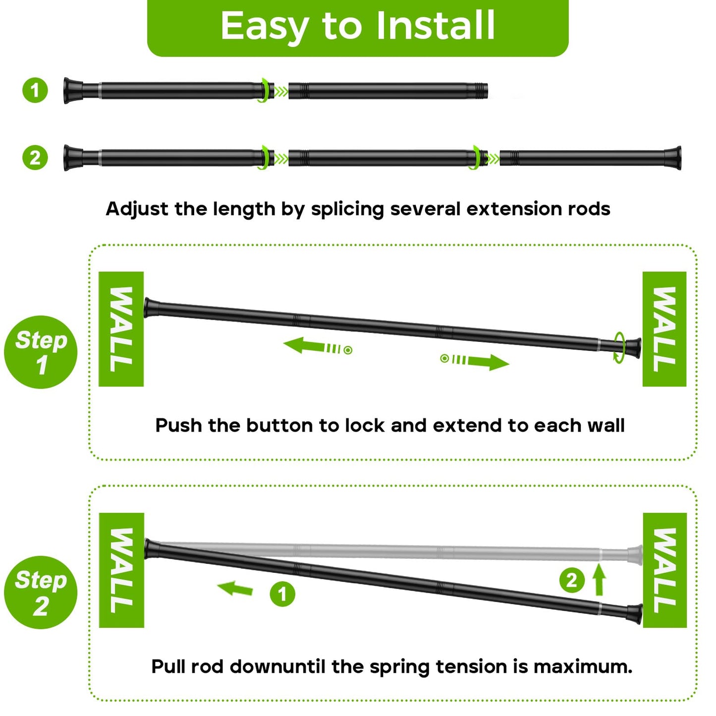 White Shower Curtain Rod 32 to 76 Inches Adjustable, 7/8 Inch Diameter Heavy Duty Tension Curtain Rods No Drill, Rust-Resistant Tension Rod for Bathroom, 1 Pack BST326H