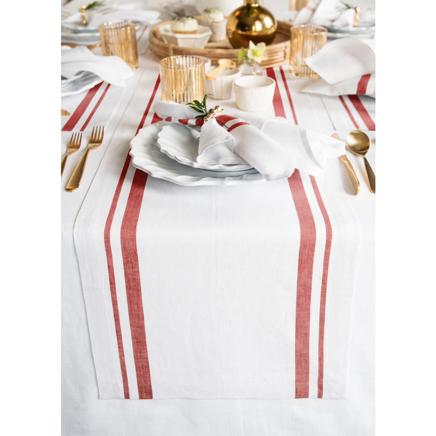 Solino Home 100% Pure Linen Table Runner, 14 x 60 in, Black, French Stripe | Table Runners for dining, hallway and console tables | woven stripe, mitered corners | Black and White | OEKO-TEX Certified BST326SOLH