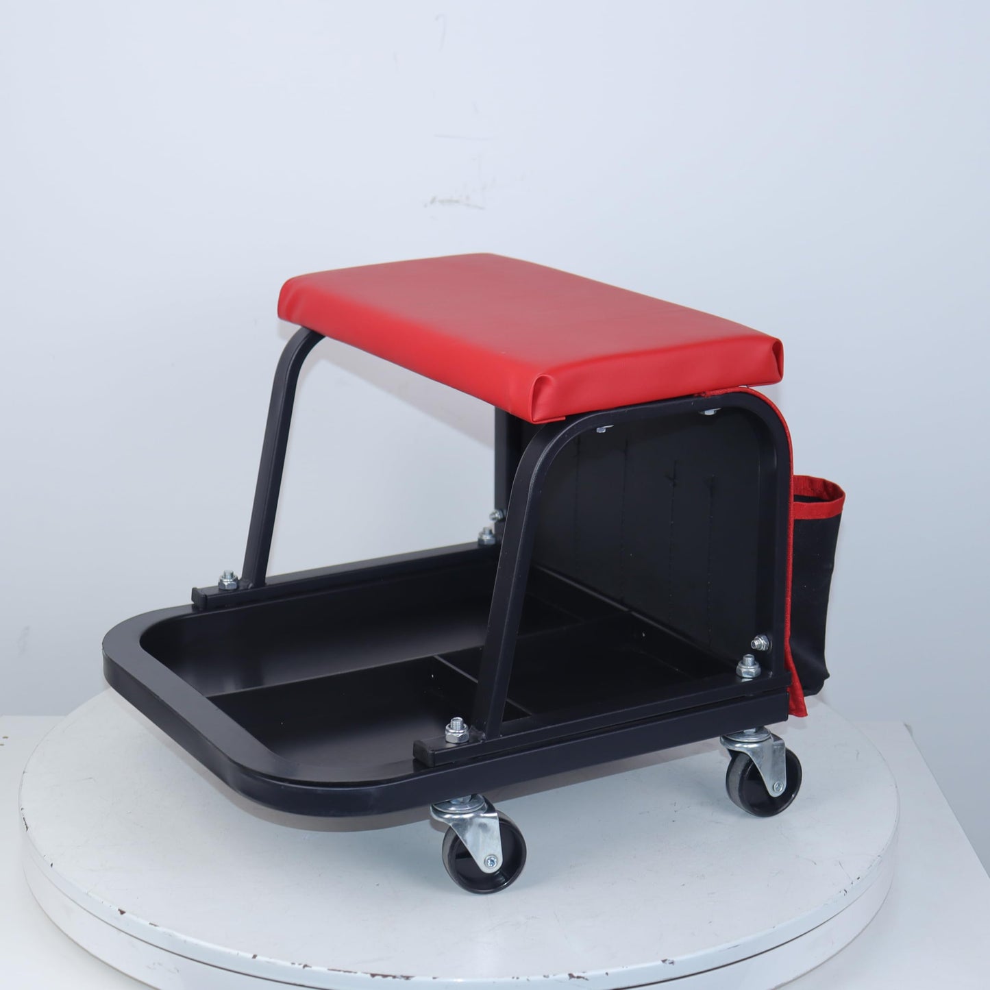 Rolling Mechanic Garage Stool on Wheels with Padded Cushion, Tool Tray Storage and Side Pockets, 300 LBS Capacity, Red BST220