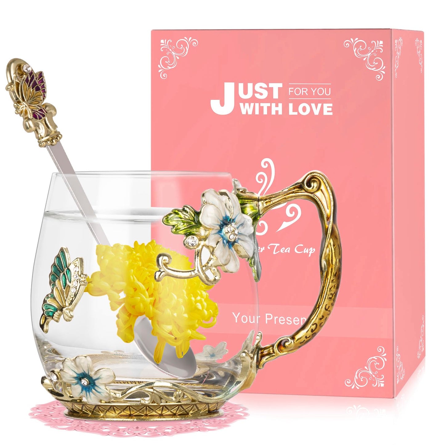 Wisolt Birthday Gifts for Women Mothers Day Gifts for Her Mom Grandma Teacher Friend Anniversary Christmas Valentines Day Glass Coffee Mug with Spoon BST326H