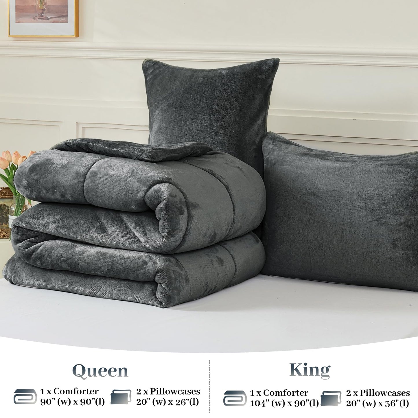 YIYEA Fluffy Queen Size Comforter Set, Luxury Faux Fur Comforter, Ultra Soft Plush Fuzzy Velvet Bedding Comforter Sets for Fall Winter, Cozy Warmth, No Shedding, 3PC, Queen, Light Grey BST326H