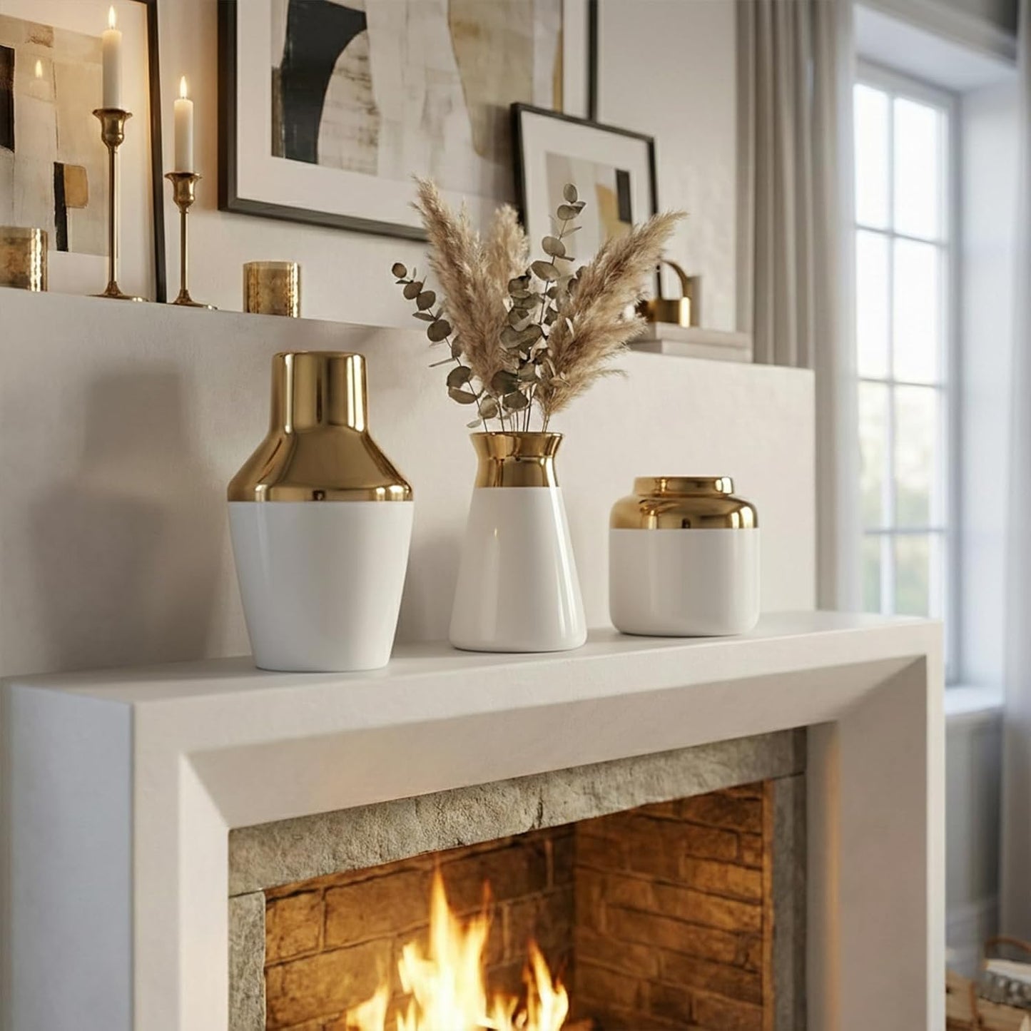 3 Piece Wide Mouth Vase Set for Table Centerpiece, Ceramic White Gold Flower Vase for Pampas Grass Decor, Glossy Gold Unique Vases for Bathroom Fireplace Top Shelf Entryway Decorative BST220