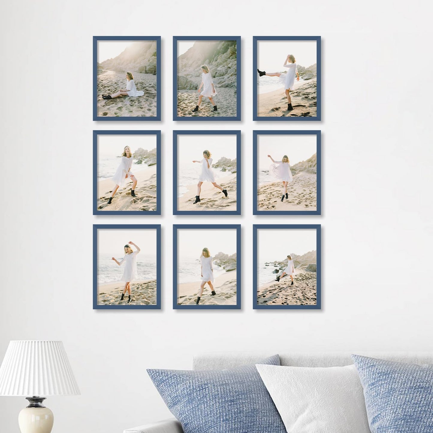 YESKAY 8x10 Picture Frame Set of 9, Display Pictures 5x7 with Mat or 8 x 10 Without Mat, Multi Photo Frames for Wall Mounting or Table Top Display, Blue BST326H
