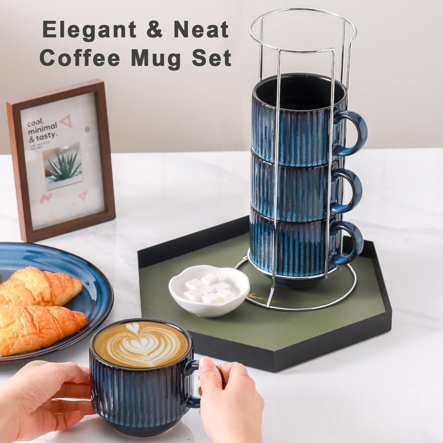 HASENSE 15 oz Ribbed Stackable Coffee Mug Set of 4, Porcelain Latte Cups with Metal Rack, Dishwasher & Microwave Safe, Cappuccino Tea Hot Cocoa, White BST220