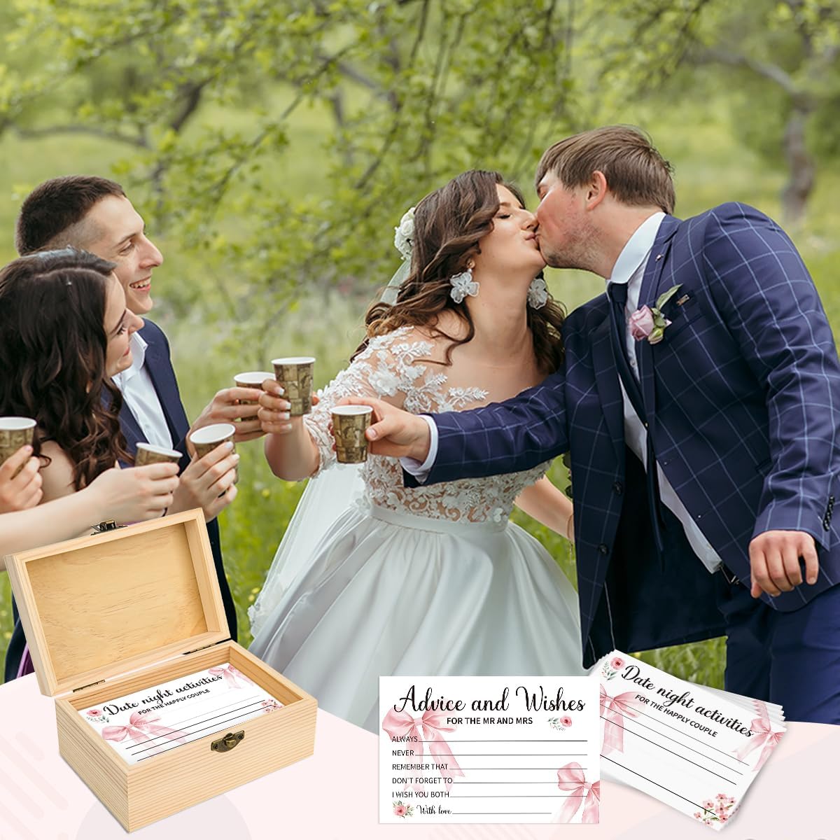 50Pcs Wedding Pink Bow Advice and Wishes Cards Box for The Mr and Mrs Wedding Bridal Shower Engagement Party Games Decorations for Reception BST202