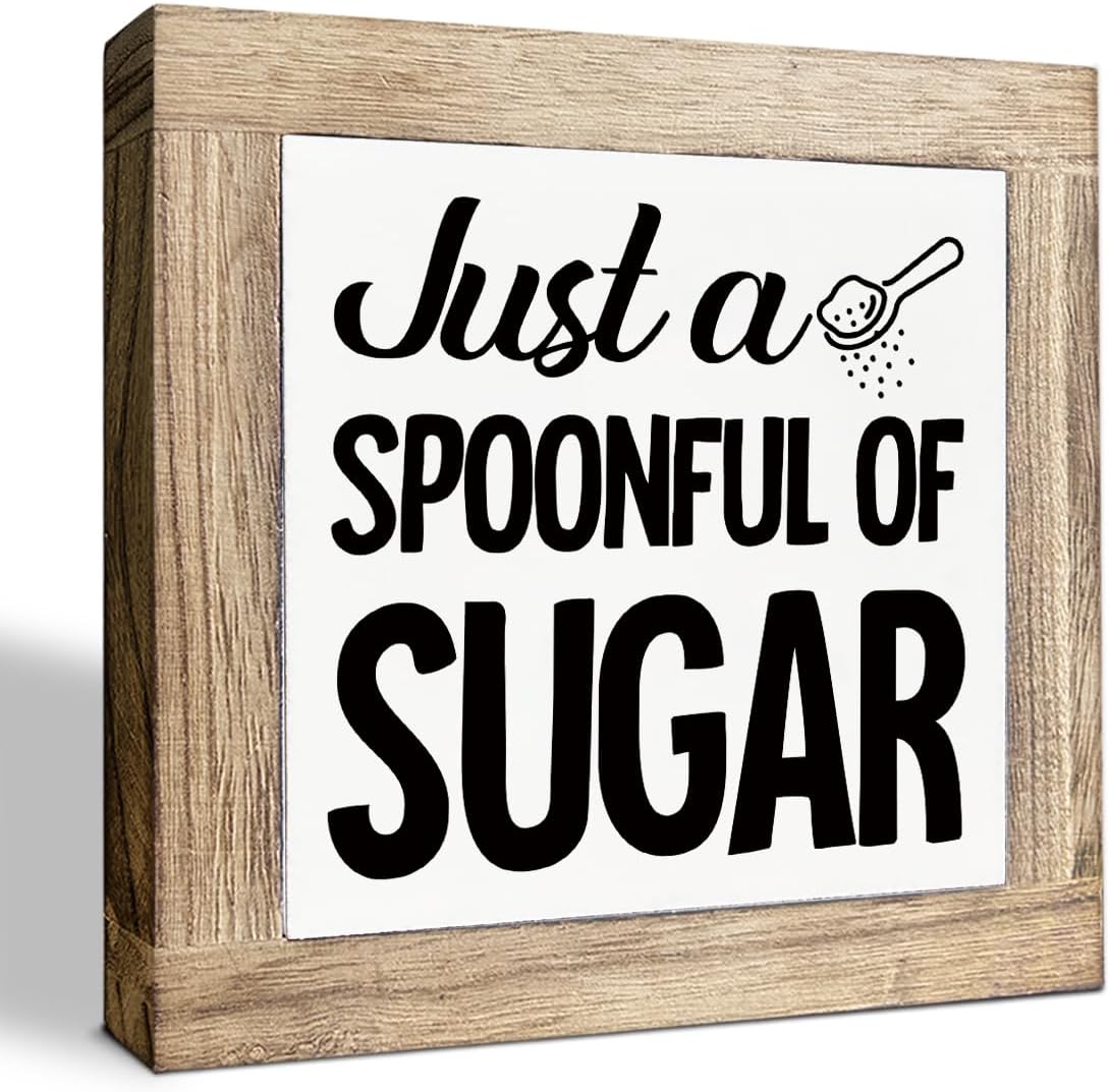 Just A Spoonful of Sugar Sign, Coffee Decor Sign, Rustic Kitchen Box Signs, Coffee Station Decor, Modern Farmhouse Home Decors for Kitchen Bar, Cafe Decors, Freestanding Wooden Plaque BST326L