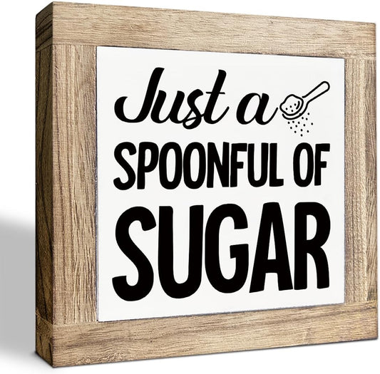 Just A Spoonful of Sugar Sign, Coffee Decor Sign, Rustic Kitchen Box Signs, Coffee Station Decor, Modern Farmhouse Home Decors for Kitchen Bar, Cafe Decors, Freestanding Wooden Plaque BST326L