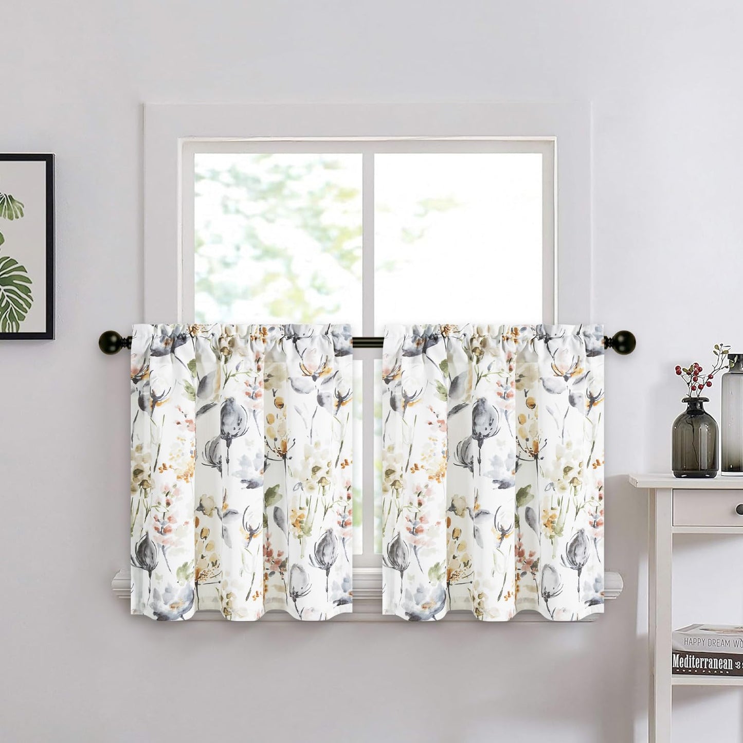 Leeva Farmhouse Kitchen Valances for Windows, Watercolor Blossoming Floral Print Curtains, Soft Faux Linen Curtain Toppers and Valances for Bedroom, 60 x 14 Inch, Brown & Grey, 1 Panel BST220