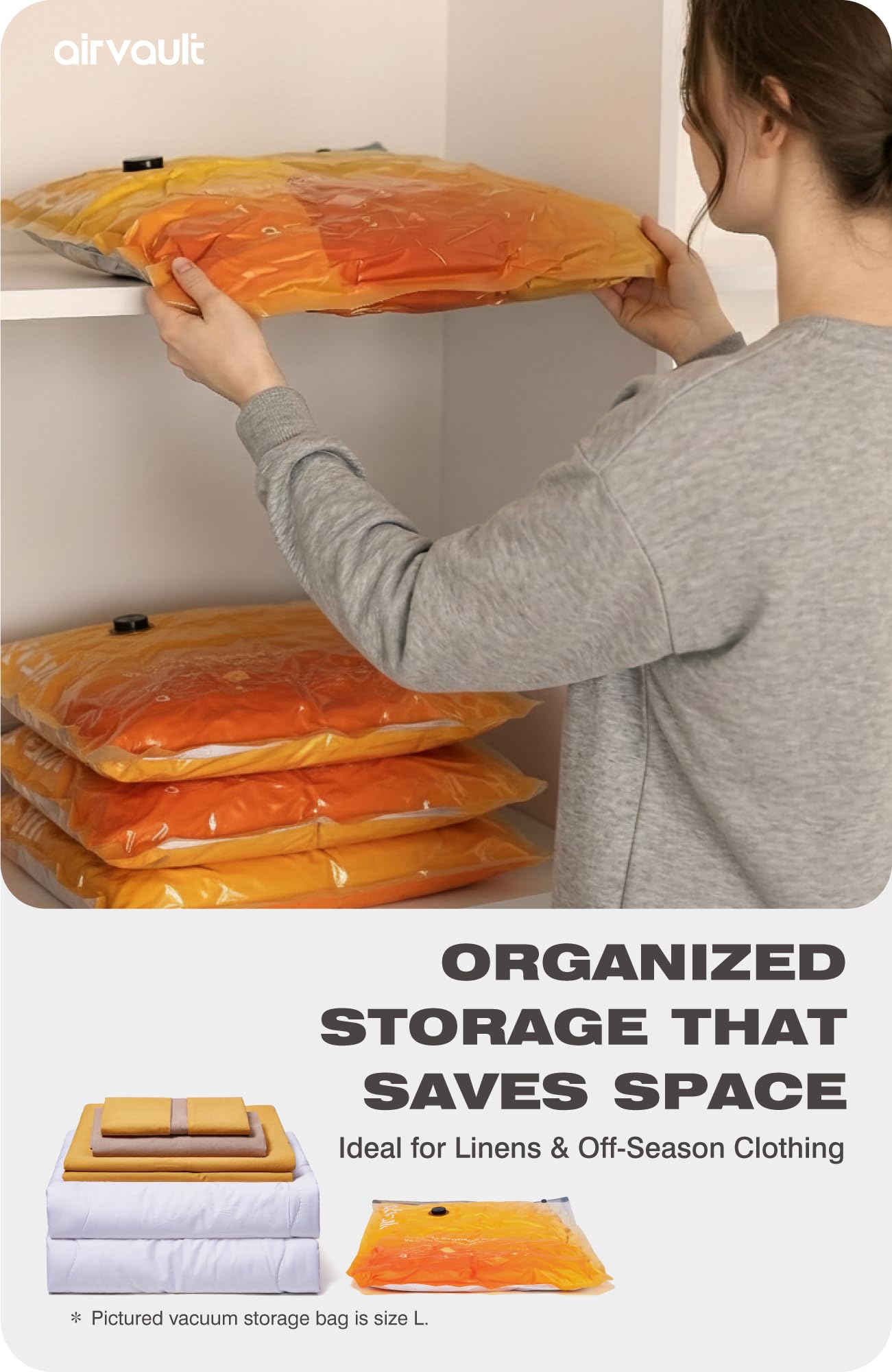 AirVault Vacuum Storage Bags for Travel & Home - Space Saver Compression Packing Bags Set for Clothes, Blankets & Seasonal Storage, Small (5), Medium (5), Large (5) (Orange,15-Pack Combo) BST326H