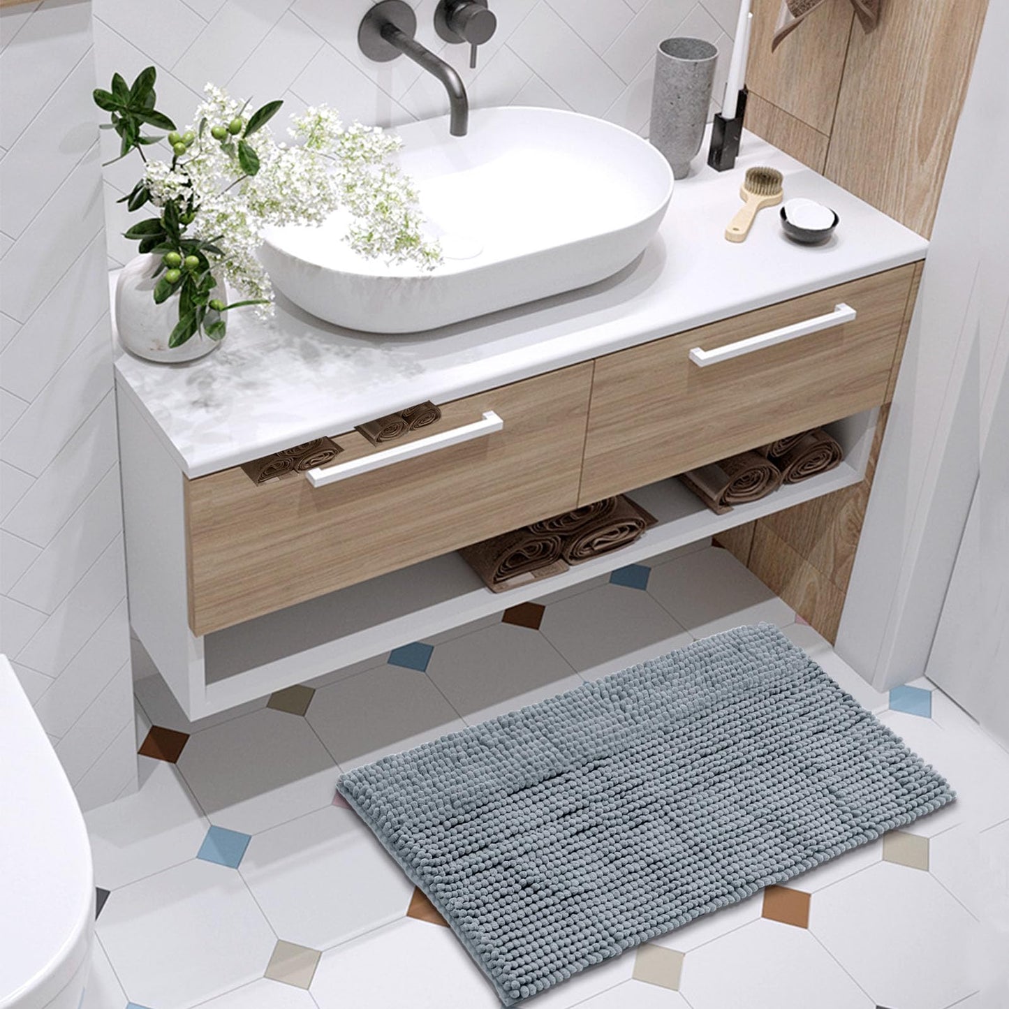 FRESHMINT Chenille Bathroom Rugs Mat 24"x17", Non-Slip Bath Mat for Bathroom Floor & Bathtub, Washable Soft Shower Shag Bath Rugs, Fluffy Thick Water Absorbent Microfiber Shower Mat, Sage Green BST220