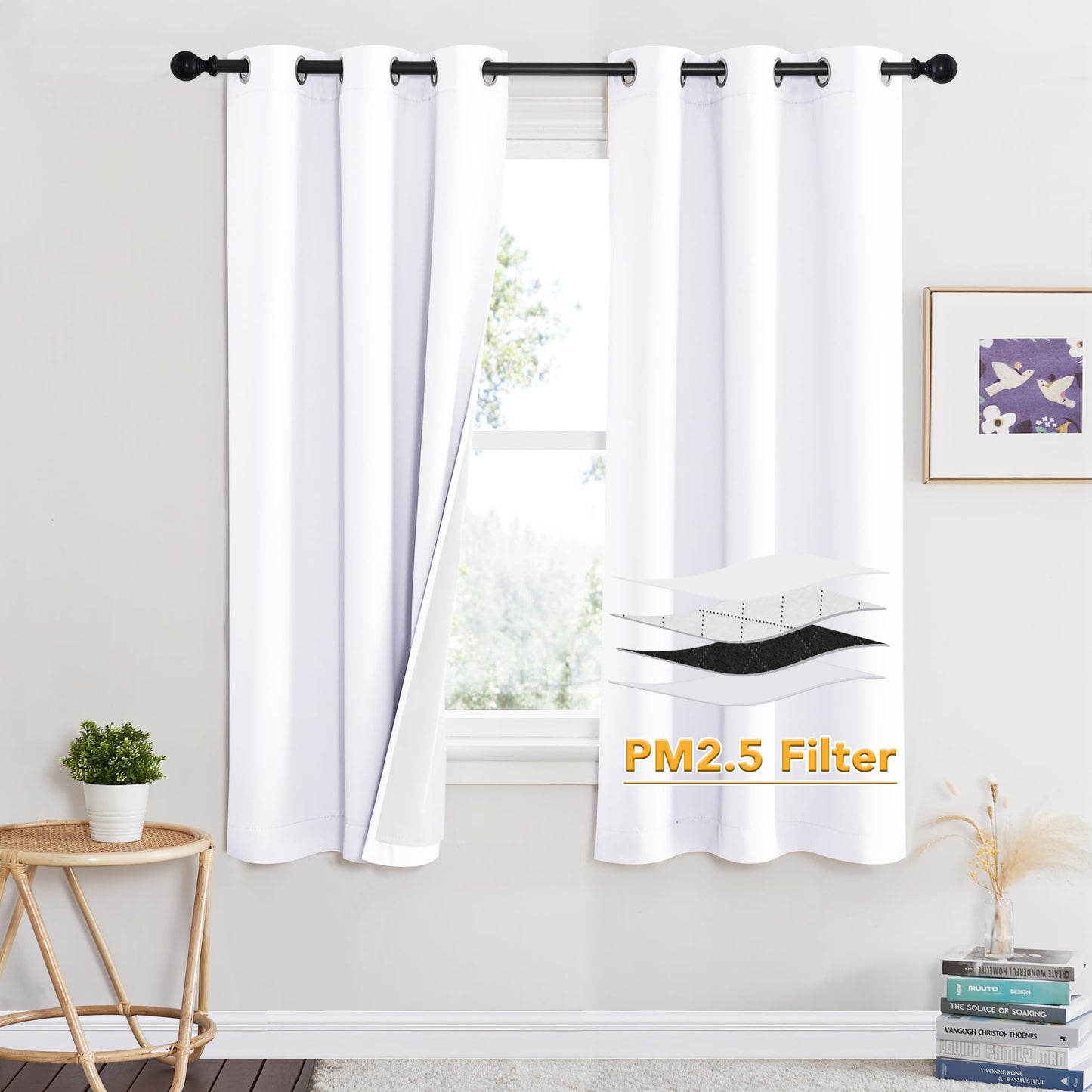 RYB HOME 4-in-1 Dust Filtering Soundproof Blackout Insulating Privacy Window Curtains for Nursery Bedroom Living Room Rivider Sound Absorption Sheet, Black, W52 x L90 inch, 2 Panels BST220