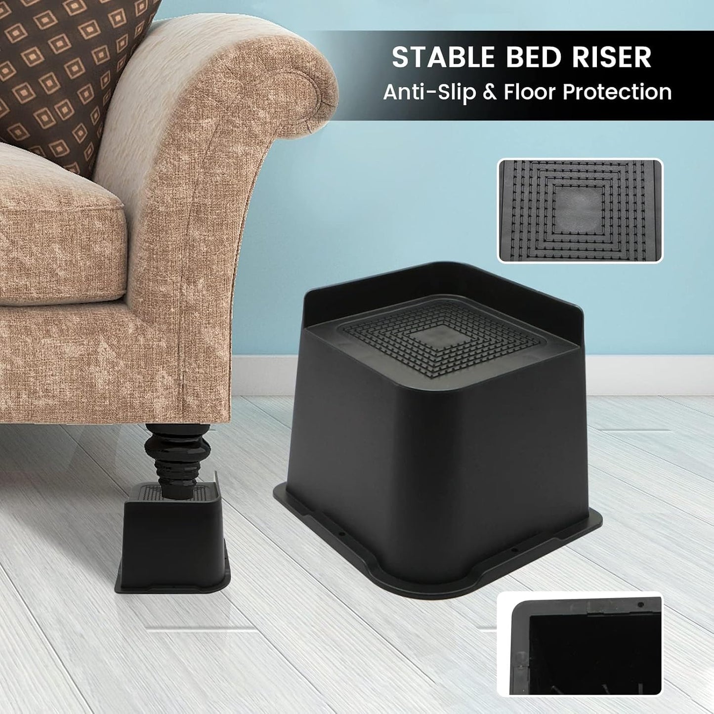 MYMULIKE Bed Risers Heavy Duty, Oversized Furniture Risers, Support Up to 6000 Lbs, Lift 3 inch for Couch, Sofa, Table,Chair (Black 6 Pack, 4 inch) BST202