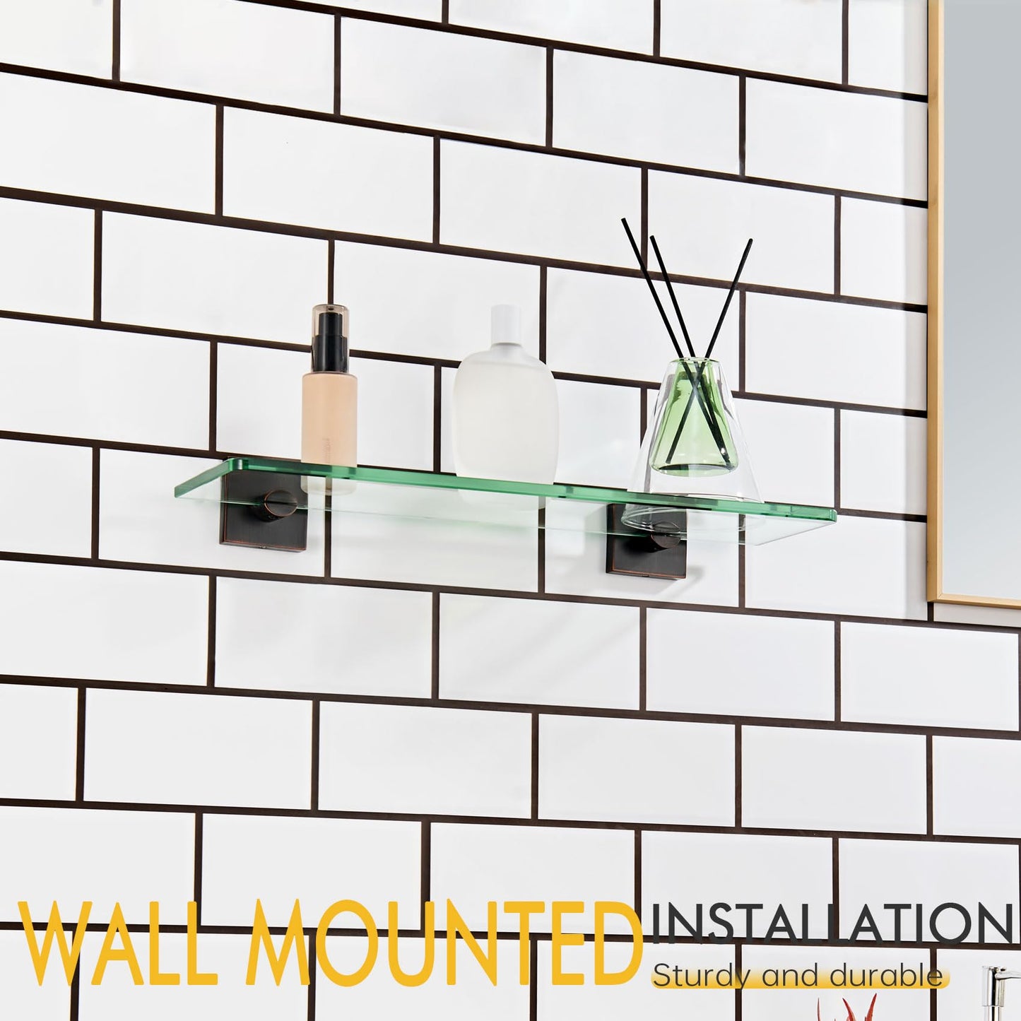 KOKOSIRI Glass Shelf for Bathrooms Floating Shelves Wall Mount 16-Inch for Shower Storage Kitchen Rack, 2 Pack Brushed Stainless Steel B1107BR-L16-P2 BST202
