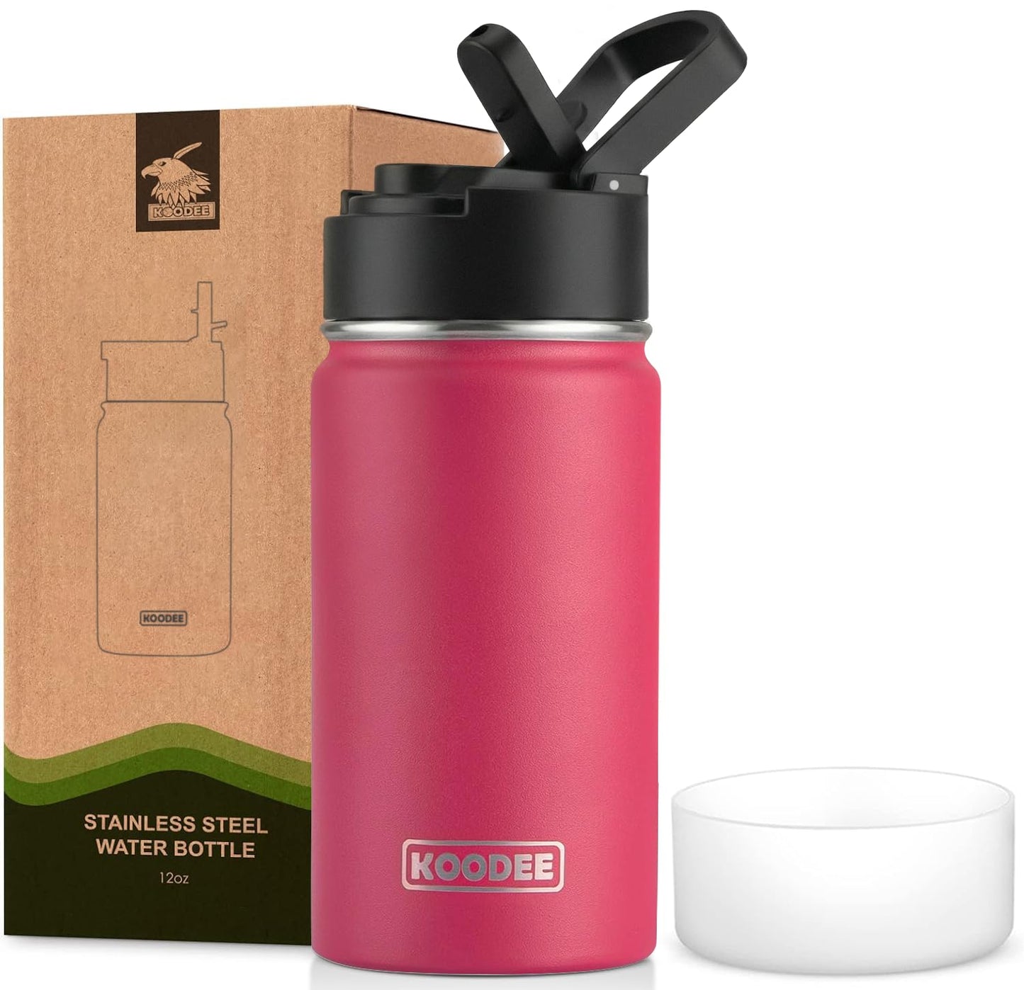 koodee Water Bottle-12 oz Stainless Steel Double Wall Vacuum Insulated Water Bottle for School-Wide Mouth Flask with Straw Lid (Teal) BST220