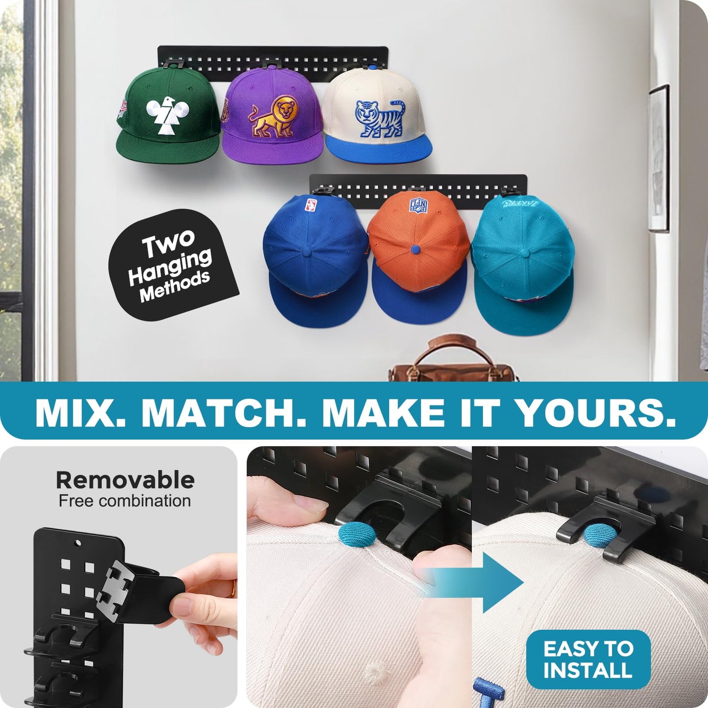 Hat Hook for Wall, 2 Pack Hat Organizer Hold up to 20 Hats,Hat Holder with Strong Adhesive and 8 Pack Screws, Cap Holder Hat Hangers for Wall Closet Door and Bedroom(B-Black) BST220