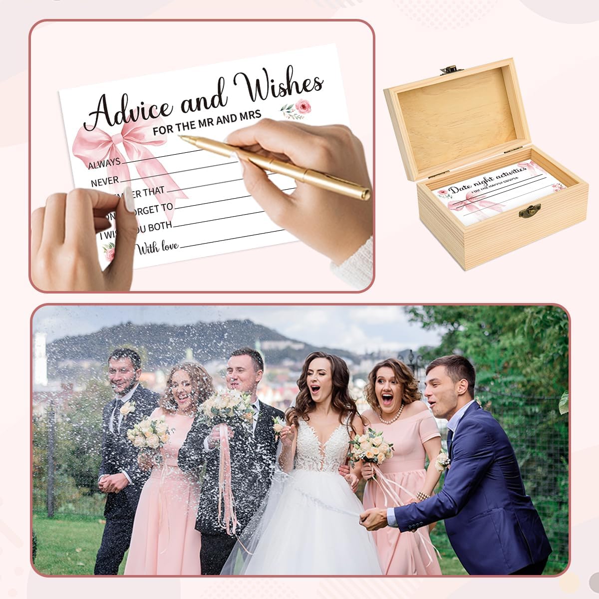 50Pcs Wedding Pink Bow Advice and Wishes Cards Box for The Mr and Mrs Wedding Bridal Shower Engagement Party Games Decorations for Reception BST202
