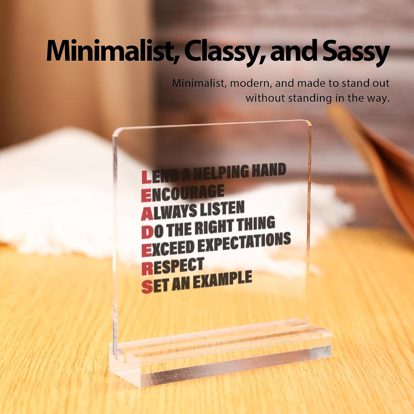 Leaders Acronym Leader Gifts For Boss Coach Manager Appreciation Gifts Inspirational Motivational Acrylic Desk Sign Decor Square Shaped Clear Home Office Desk Decor with Acrylic Stand 3.9 x 3.9 inch Transparent BST220