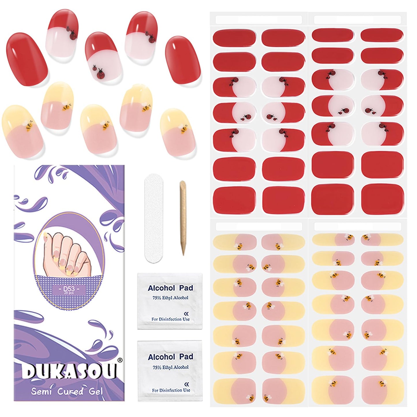 Semi Cured Gel Nail Strips, 56Pcs Nail Art Stickers/Wraps, Long Lasting UV Nail Polish Strips for Adults (Silver Rhinestones+French Tip Glitter) BST220