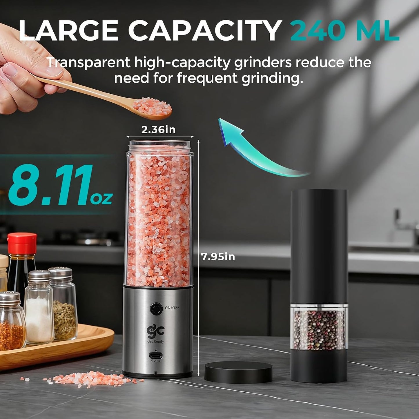Electric Salt & Pepper Grinder Set One-Handed Automatic Pepper Mill with LED Light Adjustable Coarseness Large-Capacity Refillable Mill Durable Ceramic Core Battery Powered Seasoning Grinder for Home BST202