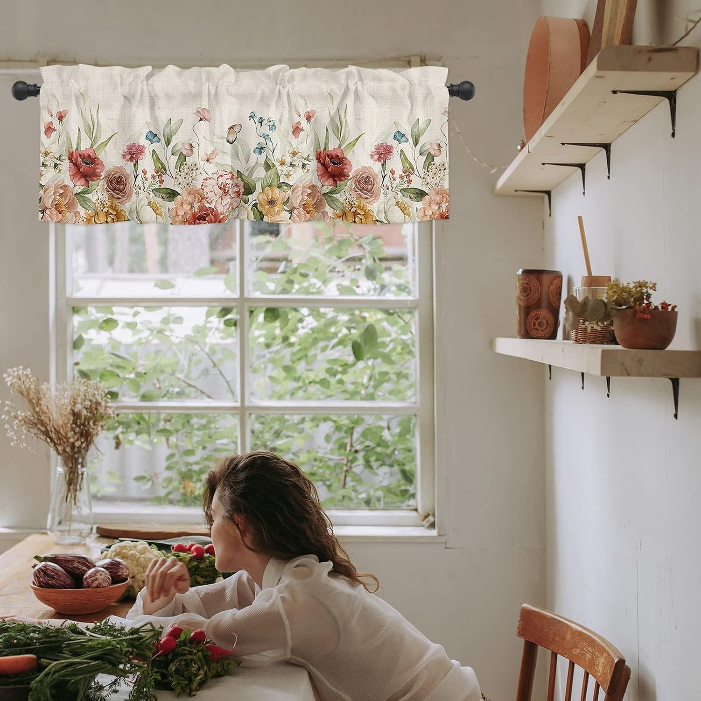 Spring Rose Curtain Valances for Windows, Wild Flowers Butterfly Linen Texture Rod Pocket Valance Window Treatments Botanical Short Curtains for Kitchen Bathroom Living Room 54 x 18 Inches, 1 Panel BST220