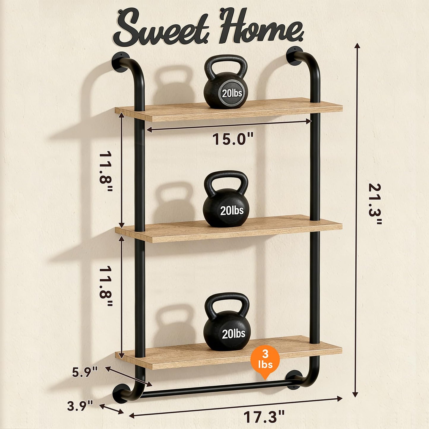 Tinpin Bathroom Shelves Wall Mounted, Rustic Farmhouse Pipe Shelves, Walls Shelf 3-Tier, Industrial Pipe Shelving, Floating Shelf Wall Decor for Bathroom, Kitchen, Bedroom, Living Room 17.3in Black DD1210