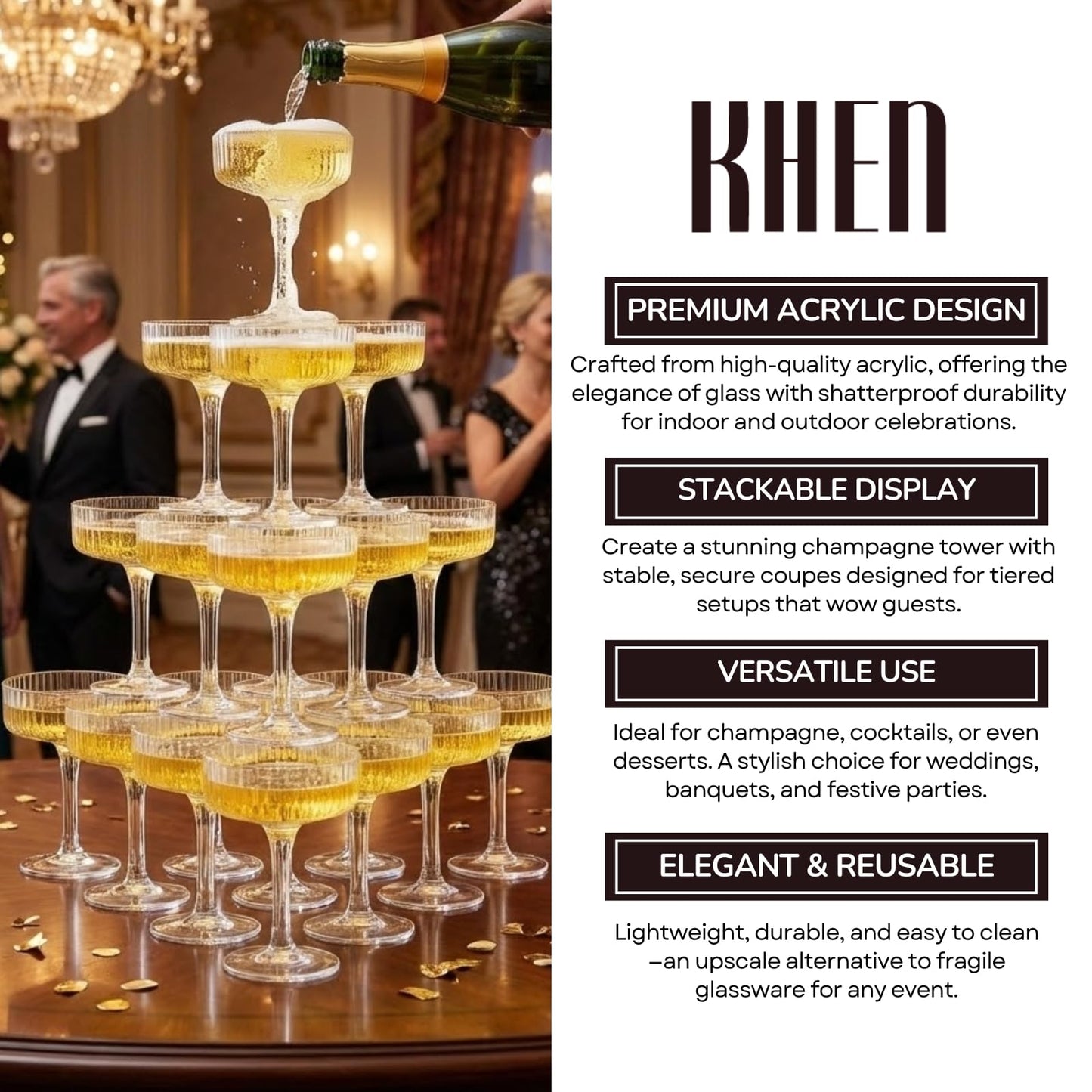 Khen Pink Peach Acrylic Ribbed Coupe Martini Champagne Cocktail Glasses, Set of 4, 8 oz Shatterproof Ripple Stemware European Style Reusable Drinkware Goblets, Indoor Outdoor Parties Weddings Bar Gift BST220