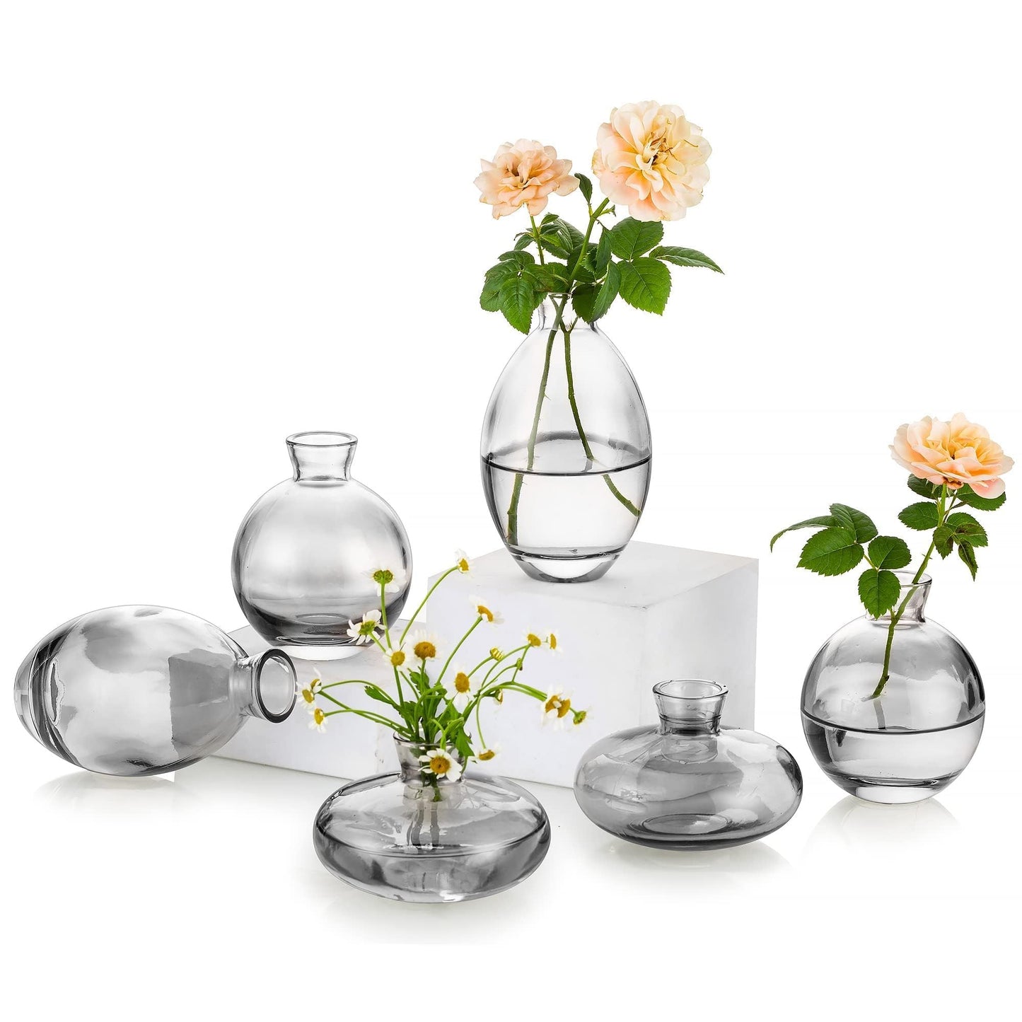 Glasseam Clear Glass Bud Vase, 3Pcs/Set Modern Decorative Small Mini Flowers Vases Short Minimalist Aesthetic Home Decor Vintage Cute Handmade Tiny Wedding Table Centerpieces for Single Flower Rose BST326H