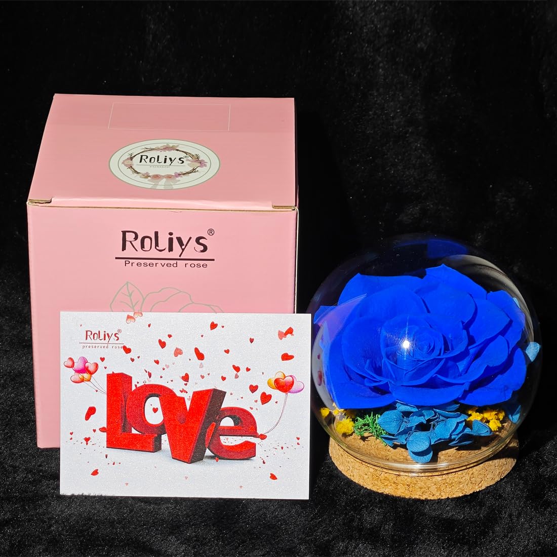 Preserved Real Rose in a Circular Glass Cover, Wooden Base, a Gift for Valentine's, Mother's Day Christmas, Anniversary, Girlfriend Birthday（Blue） 1 pcs 10 cm BST220