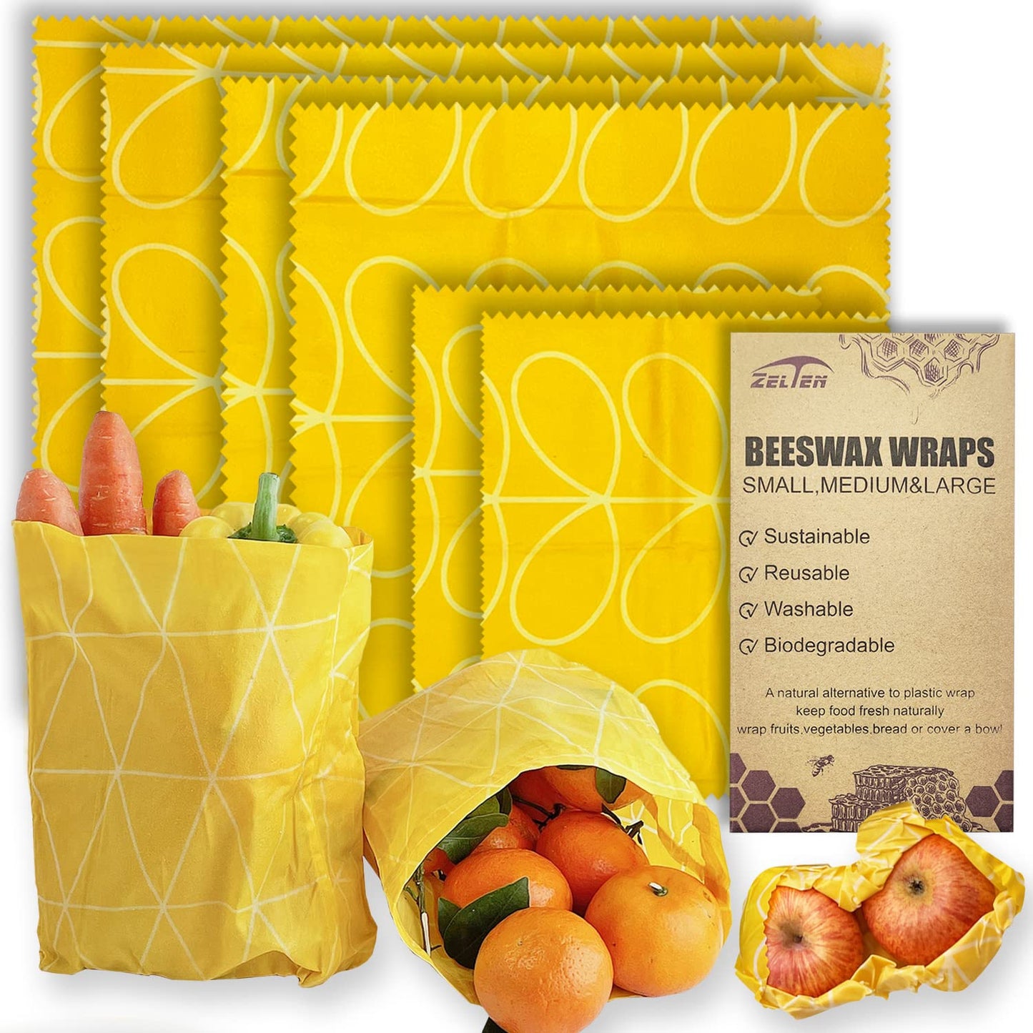 Beeswax Reusable Food Wraps - (6 Packs, 3 Sizes S,M,L, with 2 Meter Hemp Rope, Two Buttons) Plastic and Silicone Free, Eco-friendly Wrap, Wax Paper for Food,Flower BST220