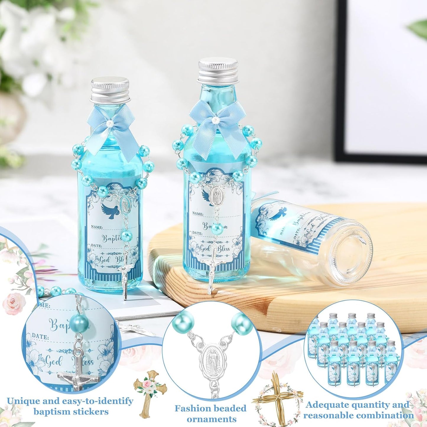 FillTouch 12 Sets Catholic Holy Water Bottle Baptism Rosary Set Baptism Favors 1.7oz Christian Water Container Empty Glass Holy Water Bottle for Easter Party Church Wedding Table Newborn (Blue) BST326H
