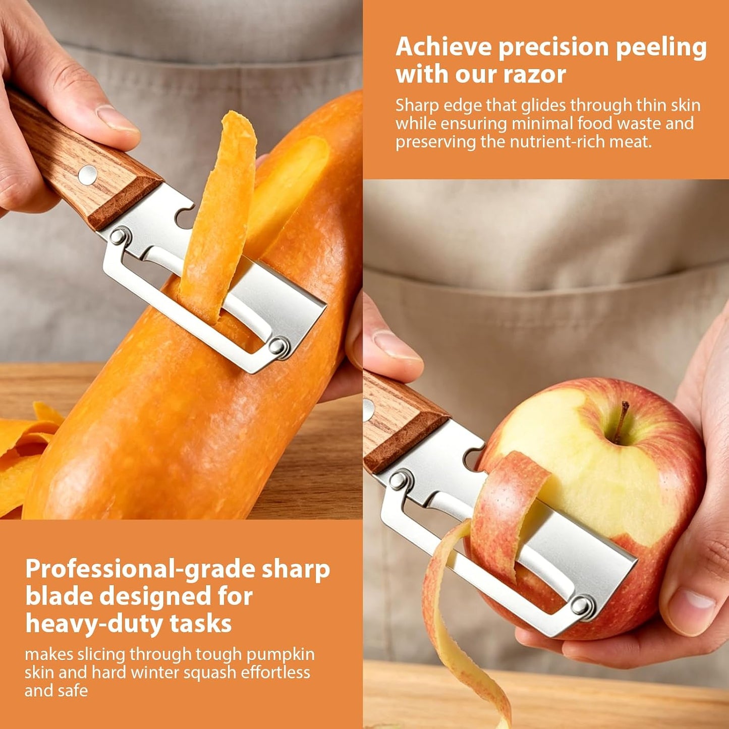 (3 PCS) 2 in 1 Multi Functional Vegetable Peeler with Wooden Handle and Bottle Opener, Stainless Steel Blade Kitchen Tool for Fruit Apple Potato Pumpkin Papaya BST326H